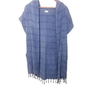 The Handloom Los Angeles Blue Cotton Kimono Hooded Cardigan Tunic Wrap One Size